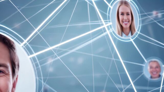 Diverse group of smiling people connected by digital network lines. Global communication and social media community concept. Panning and zooming camera movement.
