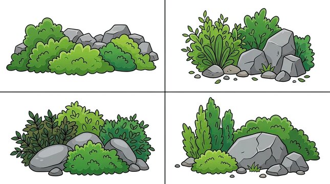 Lush Green Shrubs and Rocks in Four Quadrants