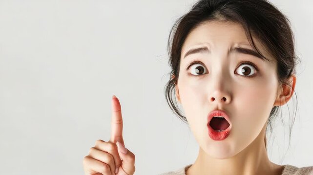Shocked Young Asian Woman Pointing Upward with Surprised Expression