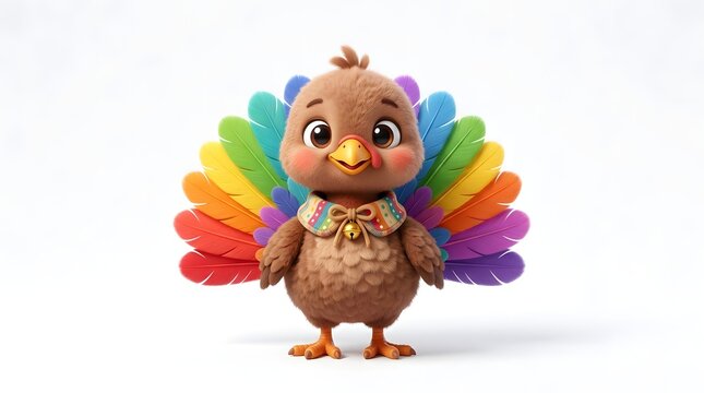 Cute cartoon turkey character with colorful feathers and a bell collar, isolated on white background