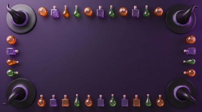 Halloween background with witch hats and colorful magic potion bottles arranged in a rectangular frame