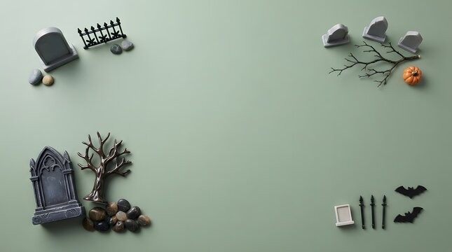Halloween flat lay background with miniature tombstones trees and bats on a muted green surface