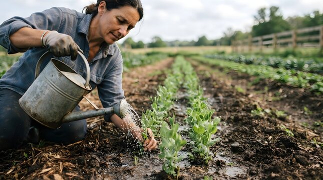 Farmer Watering Young Plant Sprouts in Agricultural Field. Pansy Seedlings Growing in Garden Soil, Sustainable Farming, Agriculture, Plant Growth and New Life Concept
