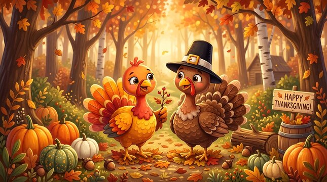 Two cute turkeys in a beautiful autumn forest with pumpkins, fallen leaves, and a happy thanksgiving wooden sign, warm lighting, digital art