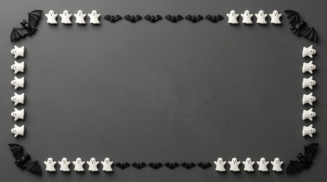 Halloween background with a decorative border of cute white ghosts and black bats on gray