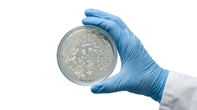Gloved hand holding petri dish with bacterial culture for medical research and lab testing