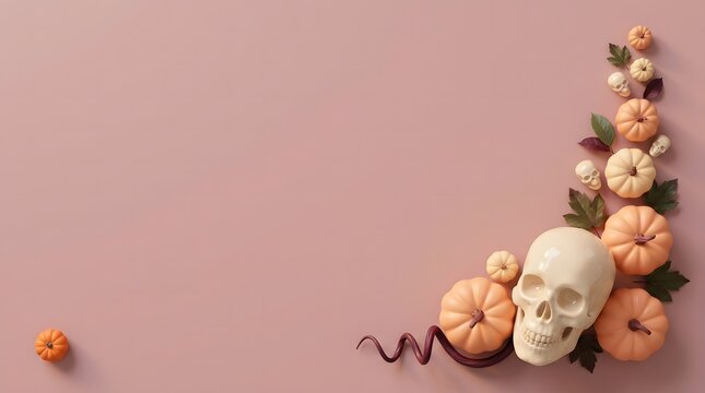Halloween background with a human skull and decorative pumpkins arranged in the corner on pink surface