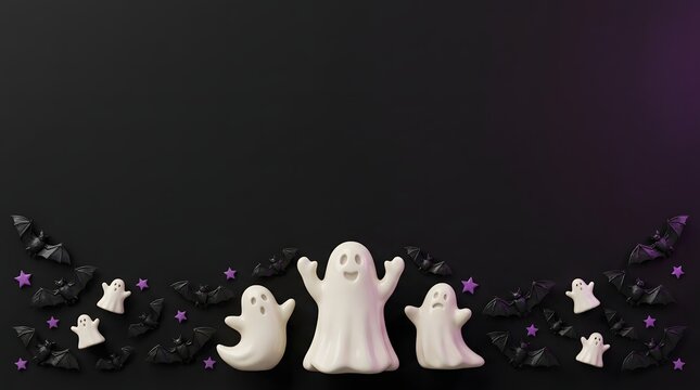 Small white ghost figurines arranged on a dark background for a spooky halloween celebration theme