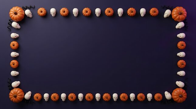 Halloween border frame made of small orange pumpkins and white skulls on a dark background