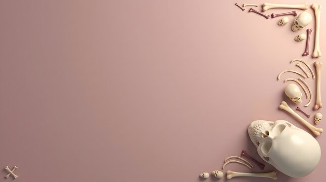 Human skull and skeletal bones arranged as a frame on a solid pastel pink background
