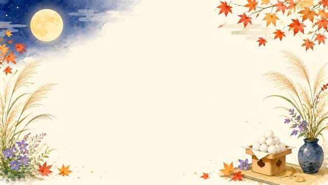 美しい満月と色鮮やかな紅葉に月見団子やススキをあしらった風情豊かな秋のお月見フレーム