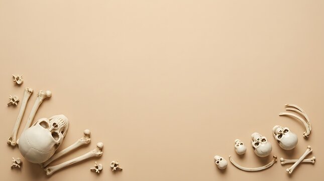 Top view of human skulls and bones arranged as a decorative border on beige background