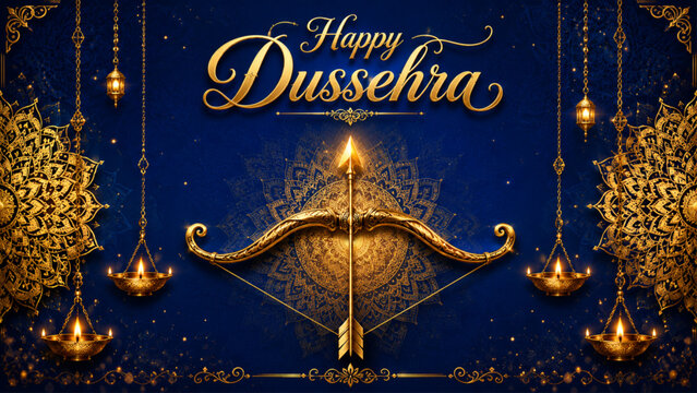 Elegant Happy Dussehra festival greeting with golden bow, arrow and glowing diyas on blue background