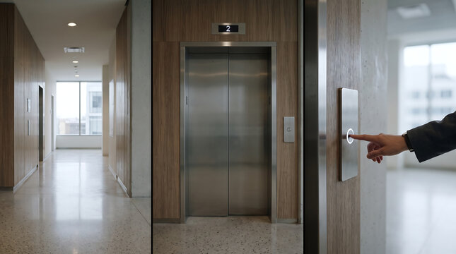 Close-up of a person's hand pressing a call button for an elevator in a modern office building hallway