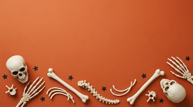 Halloween background with human skulls and bones arranged on a vibrant orange flat lay surface