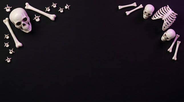 Human skulls and bones arranged as a frame on a solid black background for halloween