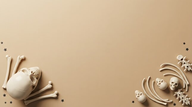 Human skull and scattered bones arranged as a frame on a solid beige background top view