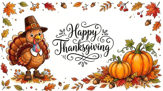 Happy thanksgiving greeting card design with a cute pilgrim turkey, pumpkins, and autumn leaves border