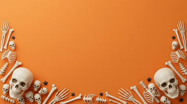 Halloween background with human skulls and bones arranged as a frame on orange surface