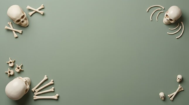 Halloween background with human skulls and bones arranged as a frame on a green surface