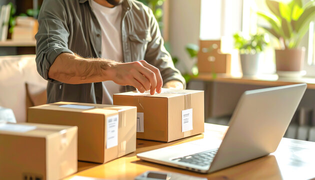 Online-H&auml;ndlerin verpackt Pakete f&uuml;r den Versand im B&uuml;ro	
