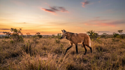 Fototapeta premium Maned wolf walking through Brazilian Cerrado at sunset