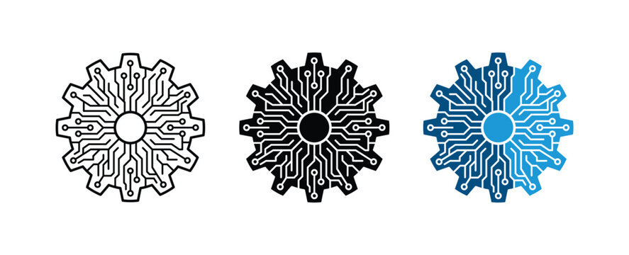 Digital gear circuit board icon set with artificial intelligence microchip line silhouette and gradient color style for smart technology, futuristic cyber mechanical vector illustration