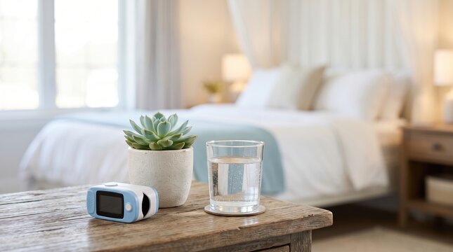 Pulse oximeter on a bedside table