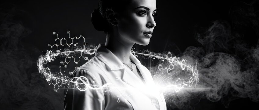 Female scientist in white coat surrounded by glowing molecular structures. Researcher analyzing chemical formulas in a dark lab. Biotech innovation concept for science and medicine marketing.