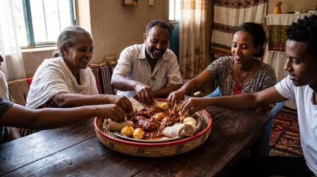 Happy ethiopian family eating traditional food injera together around table at home. Concept of habesha.