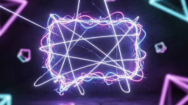 Animated Neon Speech Bubbles with Geometric Shapes in Dark Cyberpunk Environment