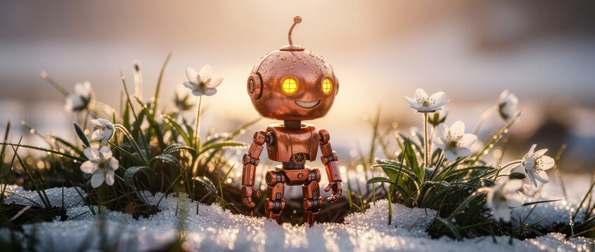 Small copper robot standing amongst white flowers in a snowy field. Tiny mechanical character explores a spring landscape at sunset. Futuristic AI and nature harmony concept for tech marketing.