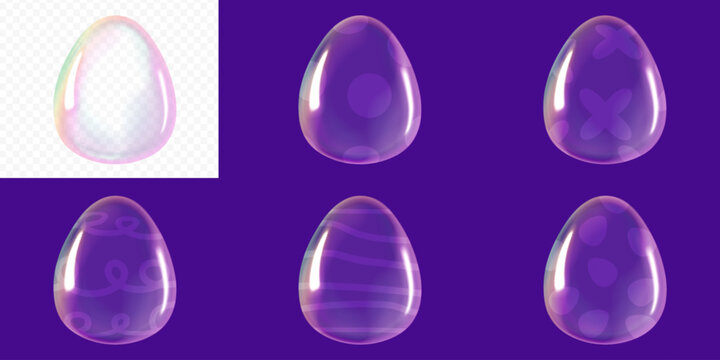 Set of glossy glass Easter eggs with iridescent soap bubble texture and pattern designs