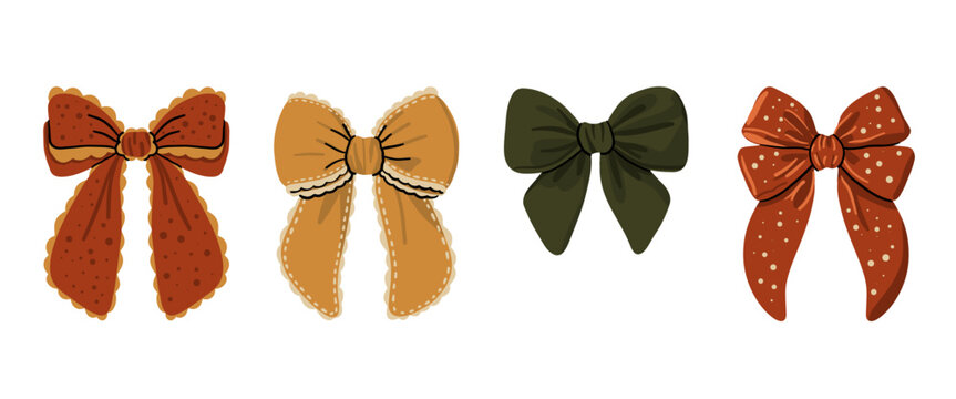 Christmas bows set, holiday ribbon bow clipart collection, hand drawn festive gift bows illustration