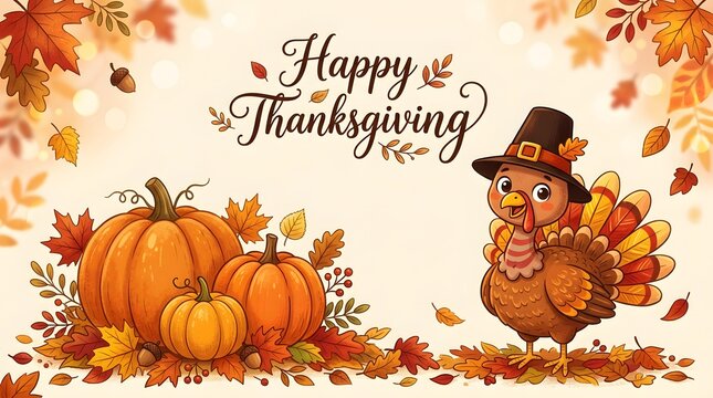 Happy thanksgiving greeting card with a cute cartoon turkey, pumpkins, and autumn leaves on a festive background