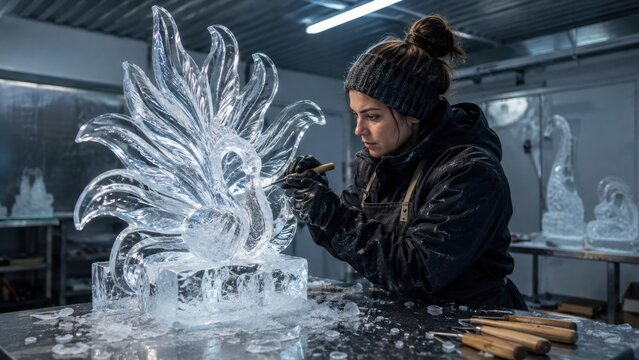 Female sculptor carving detailed swan ice sculpture with chisel in cold workshop art studio. Concept of business, frozen, centerpiece.