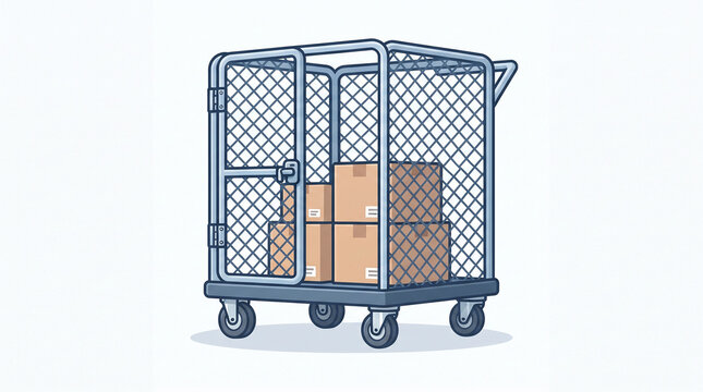 Industrial rolling metal cage trolley with cardboard shipping boxes for warehouse logistics