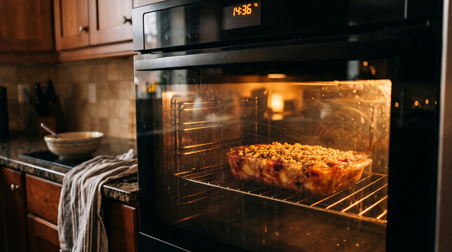 Delicious homemade cake baking inside a modern kitchen oven with warm light