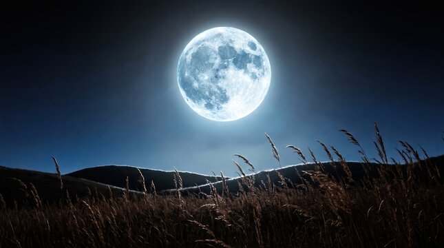 Full Moon Over a Dark Forest Under a Cloudy Night Sky with Moonlight, Stars, and Mystical Blue Landscape