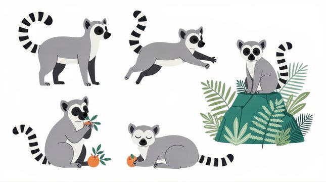Ring-tailed lemur character set in diverse poses. Cartoon lemurs jumping, eating, and sitting on rocks. Wildlife concept for educational books and zoo marketing.
