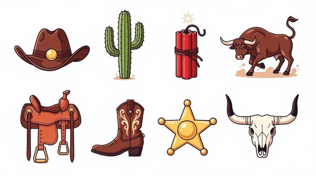 Set of Wild West icons featuring cowboy hat, boots, and sheriff badge. Collection includes bull skull, cactus, saddle, and dynamite on white. Western adventure concept for graphic design and games.