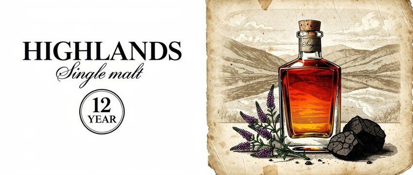 Single malt whisky bottle with heather and peat on vintage paper. Illustration featuring a Scottish highland landscape background in a classic engraving style. Premium spirits branding concept.