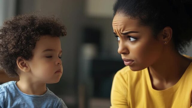 Stern mother scolding her toddler in a home interior