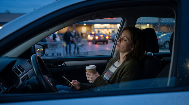 A woman finds a brief sanctuary in her parked car, enjoying coffee and her smartphone, a peaceful interlude amidst the evening bustle of retail area