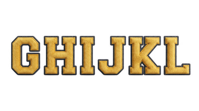 Varsity style varsity letters G H I J K L in yellow fuzzy fabric with black embroidered borders for collegiate sports and academic branding.