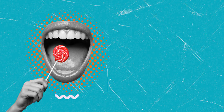 Art collage showing a mouth holding a lollipop with a bright background and hand reaching out in a playful manner