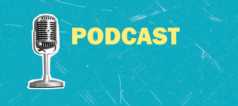 Art collage centered on podcast theme with microphone and bold text in bright colors