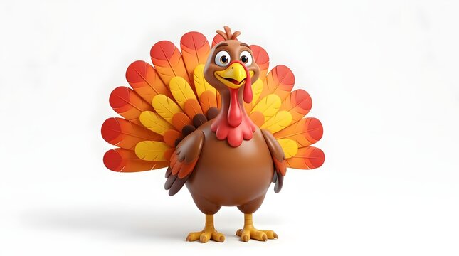 3d render of a cute cartoon turkey with colorful feathers isolated on white background