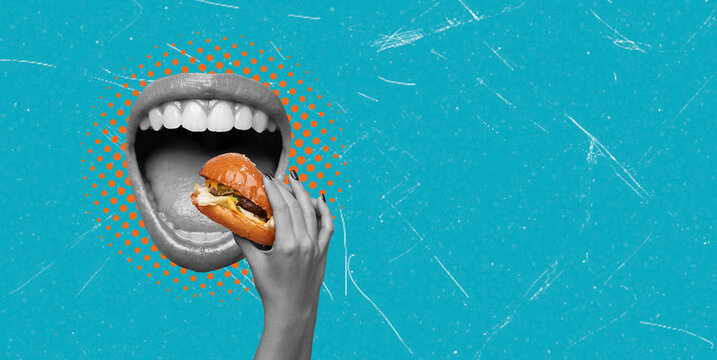 Art collage showing a mouth holding a burger on a bright blue background with orange dots and textures