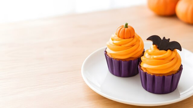 ハロウィンのカップケーキ 紫の台紙にオレンジのクリームを絞った秋の洋菓子